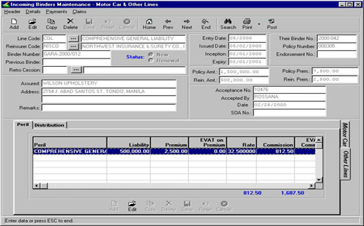 Incoming Binders Maintenance - Motor cars & Other Lines 